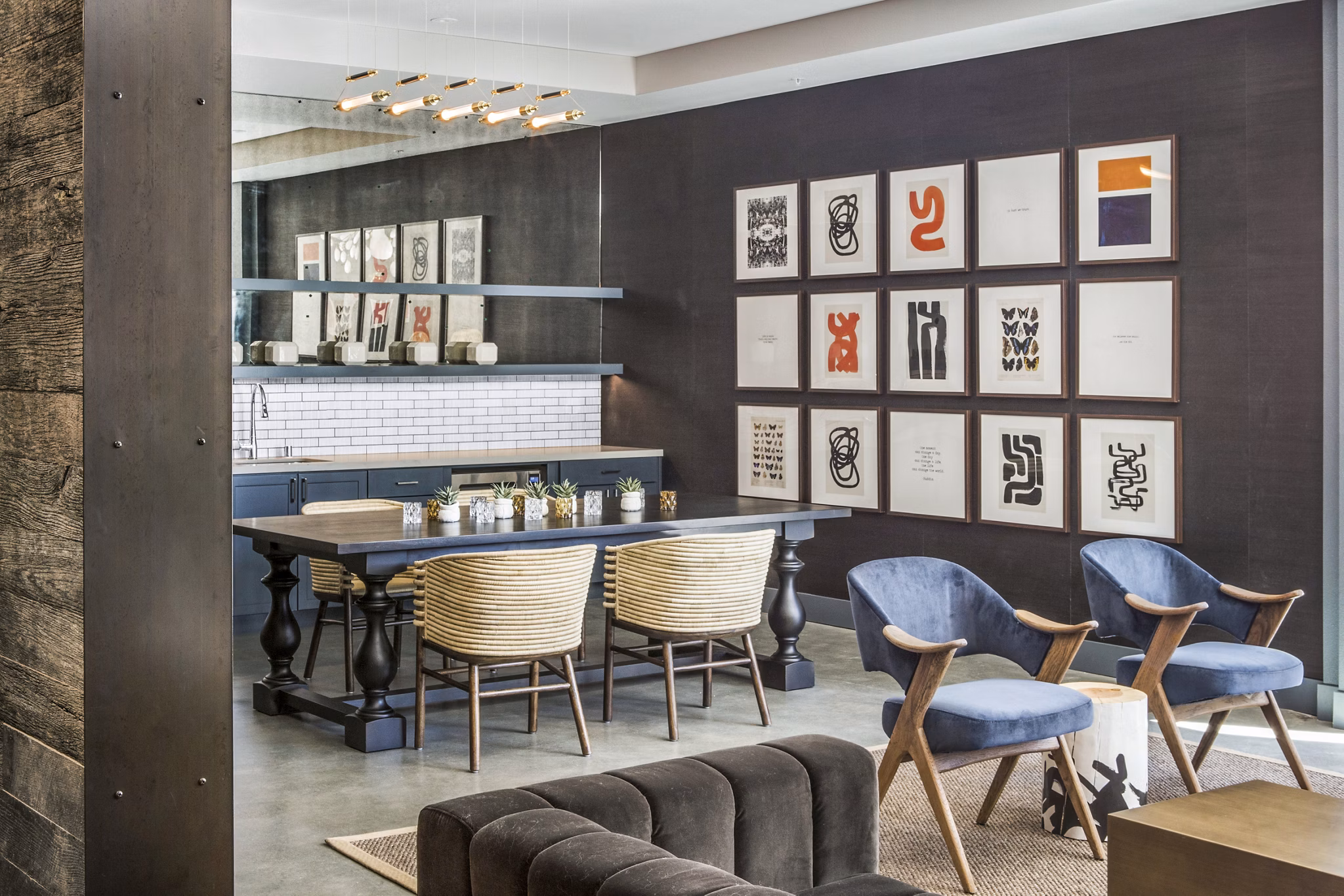 Stylish clubhouse lobby featuring modern art at Telegraph Arts Apartments