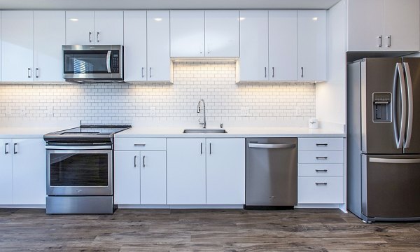 Modern kitchen with stainless steel appliances at Telegraph Arts Apartments