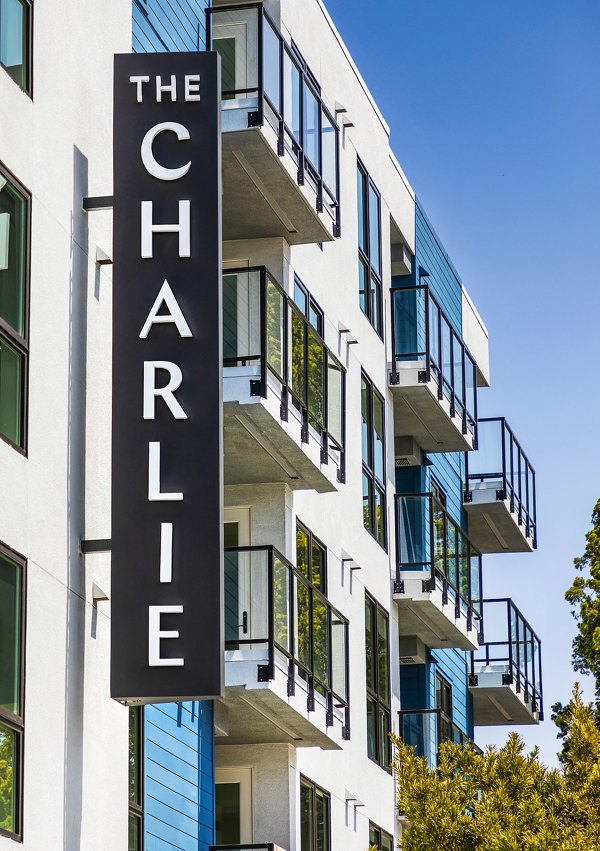 The Charlie Mar Vista Apartments: Entrance signage with modern design in prime Los Angeles location