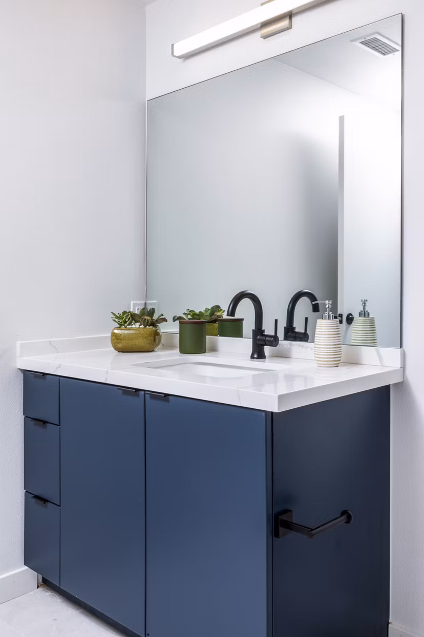 Elegant bathroom with modern fixtures at The Charlie Mar Vista Apartments