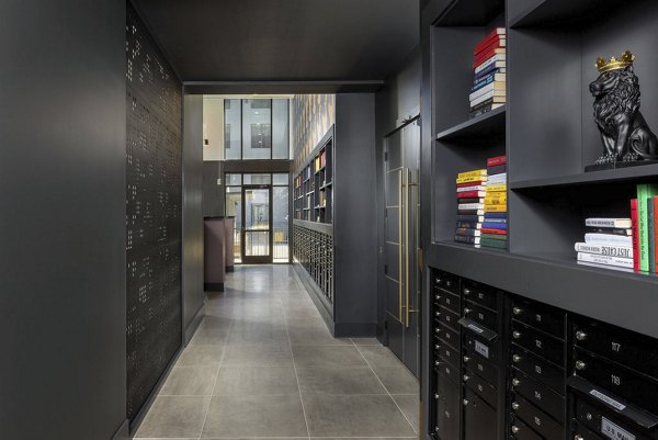 Modern mail room with secure package lockers at Broadstone Pullman Apartments