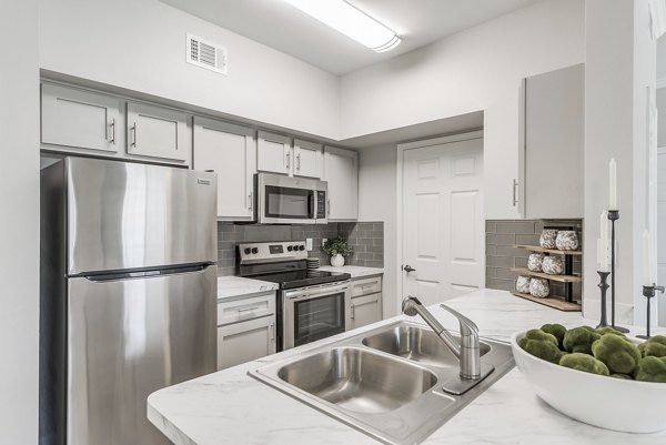 Modern kitchen with stainless steel appliances in Mirabella Apartments, offering a luxurious living experience