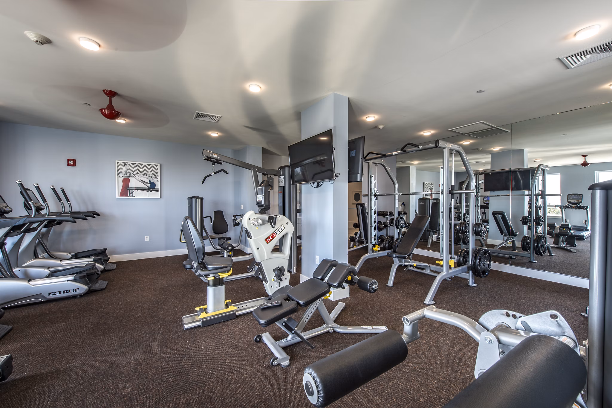 Modern gym with state-of-the-art exercise equipment at luxury apartments