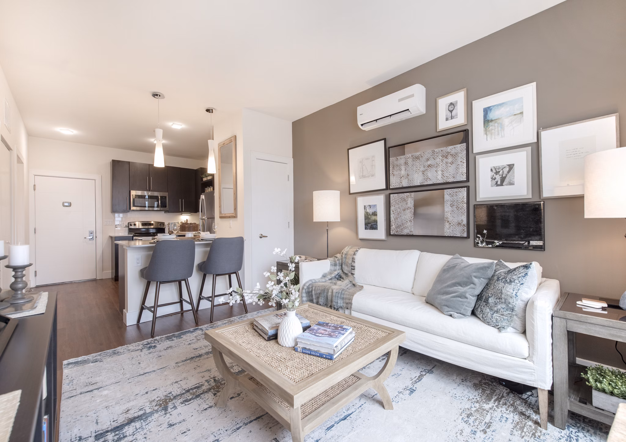 Modern living room with ocean views in The Eliot on Ocean Apartments