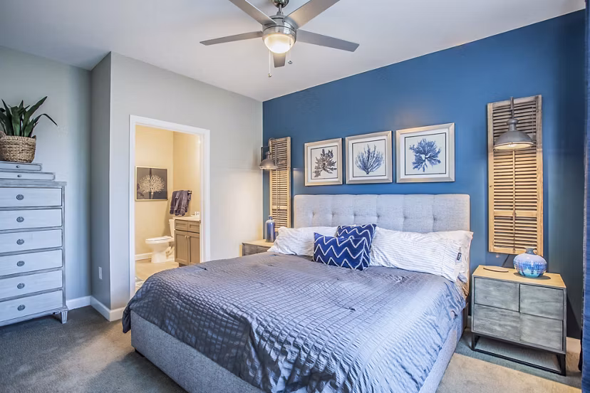 Modern bedroom with elegant decor at Everleigh Cool Springs Apartments