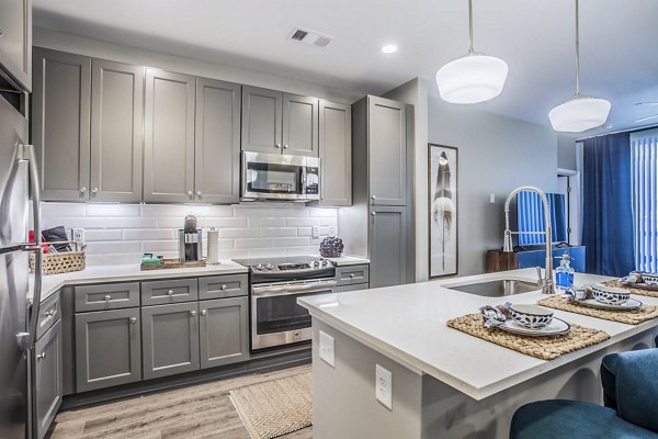 Modern kitchen with stainless steel appliances at Everleigh Cool Springs Apartments