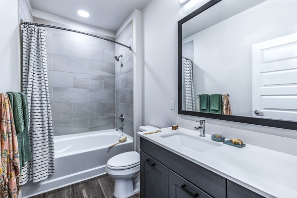 Luxury bathroom with marble countertops and modern fixtures at Perch Apartments in Greystar community