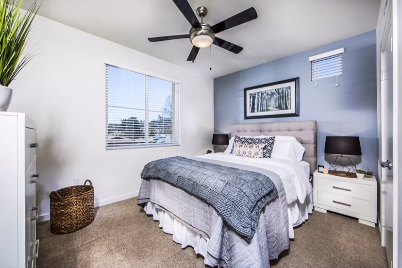 Haven76 Apartments: Modern bedroom with plush bedding and large window offering natural light