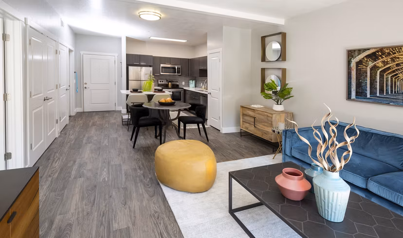 Spacious living room with modern furnishings at 644 City Station Apartments, luxury urban living