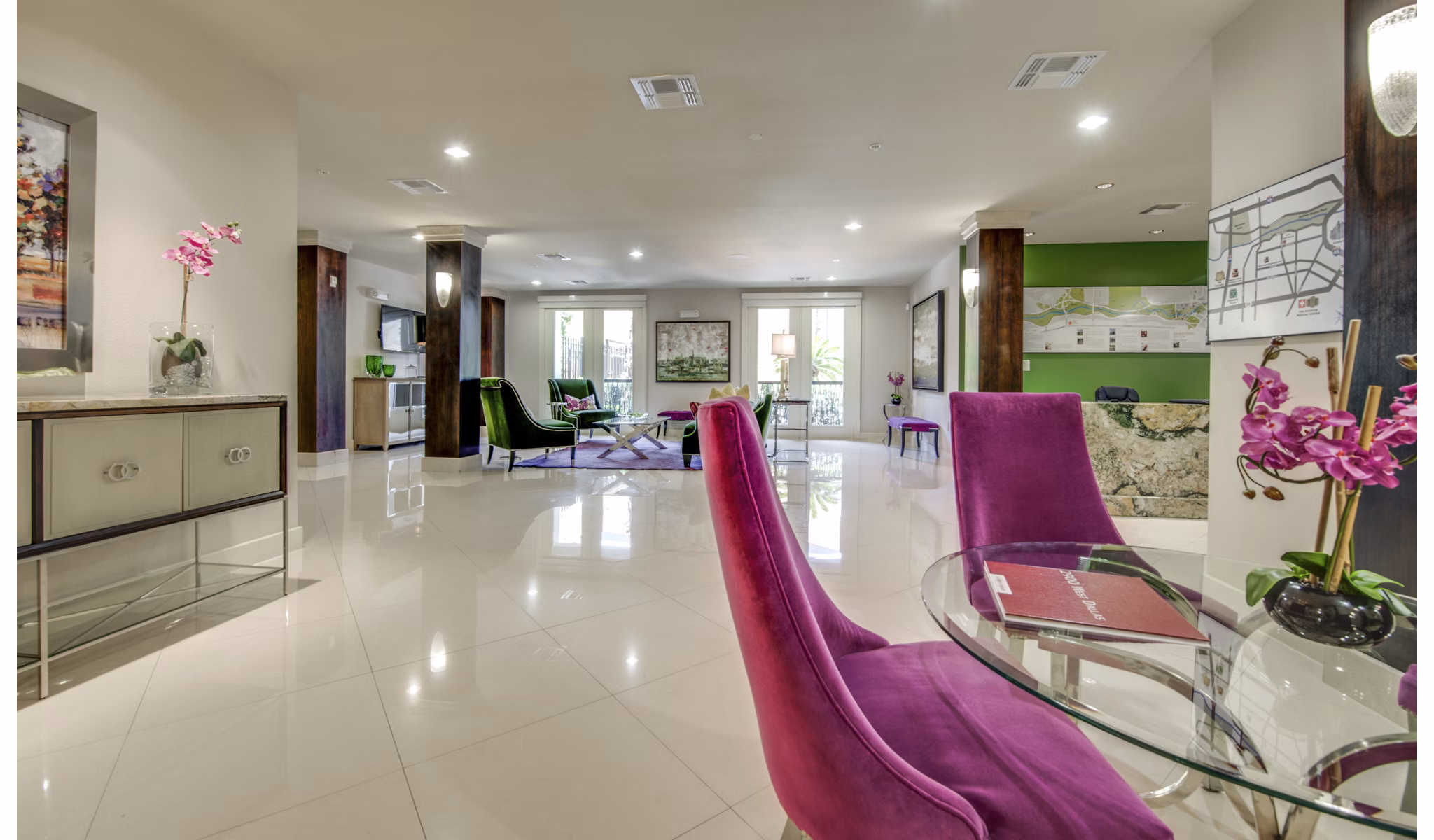 Clubhouse featuring modern seating and game tables at 2900 West Dallas Apartments