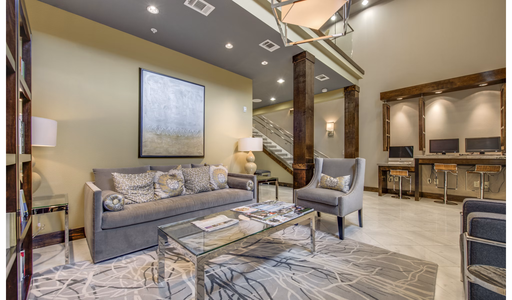 Modern clubhouse with luxurious seating and decor at 2900 West Dallas Apartments