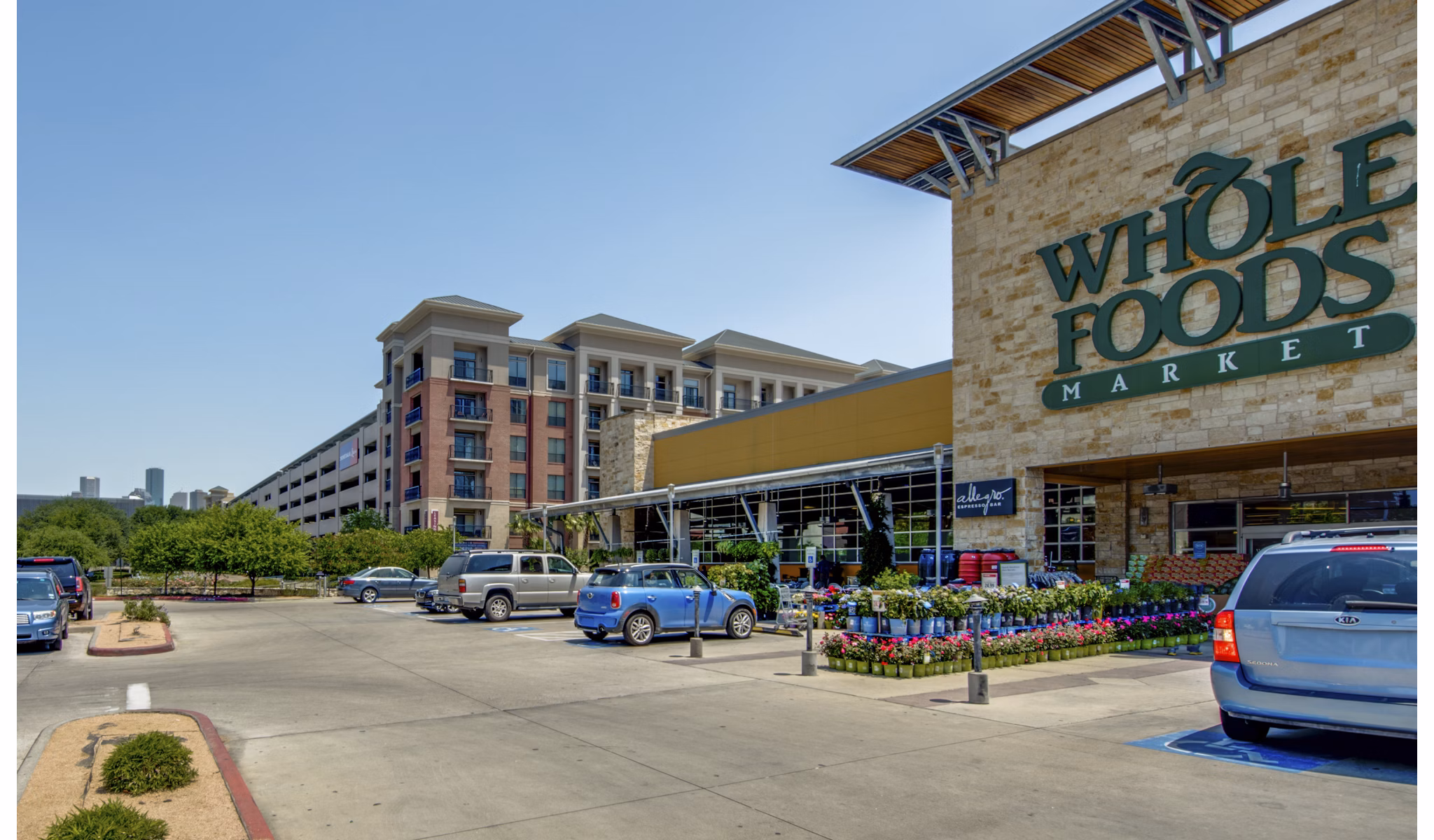 Charming neighborhood area at 2900 West Dallas Apartments with tree-lined streets and local shops nearby