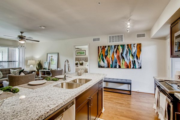 Modern kitchen with stainless steel appliances in The Bellfort Apartments