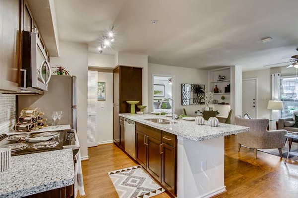 Modern kitchen with stainless steel appliances at The Bellfort Apartments