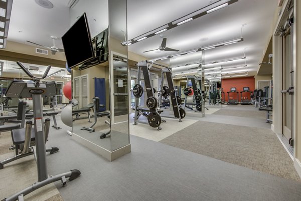 Fully equipped fitness center at Grove at Wilcrest Apartments featuring modern machines and weights for active lifestyles