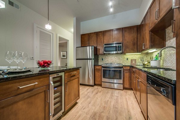 Modern kitchen with sleek countertops and stainless steel appliances at Grove at Wilcrest Apartments