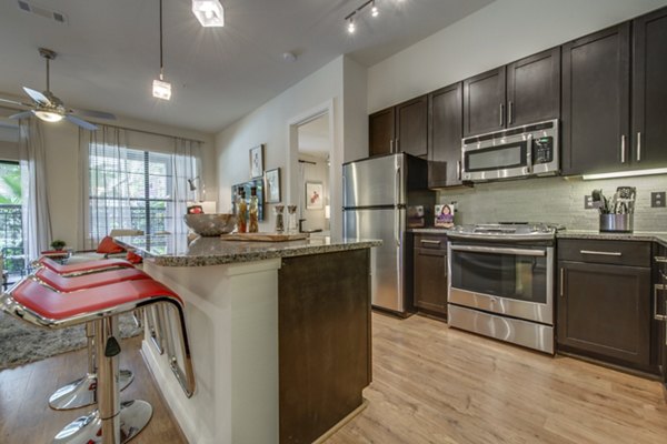 Modern kitchen with stainless steel appliances and marble countertops in Grove at Wilcrest Apartments luxury apartments