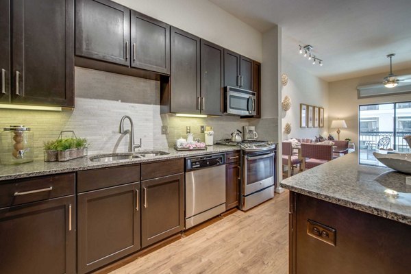 Modern kitchen with stainless steel appliances at Grove at Wilcrest Apartments
