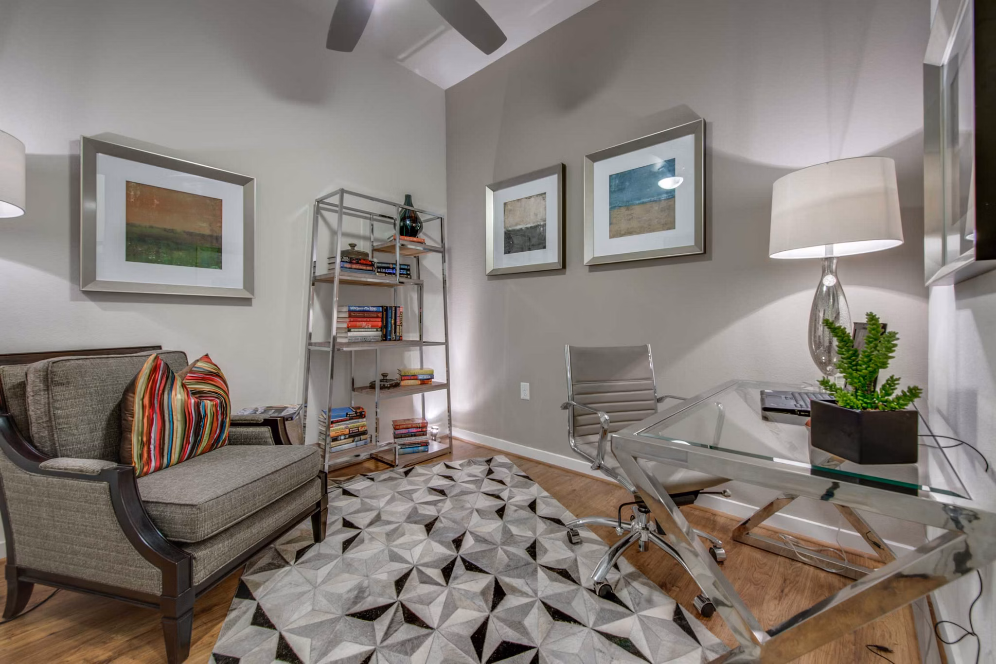 Spacious living room with modern furnishings at Grove at Wilcrest Apartments