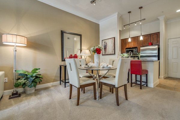 Dining room with modern furnishings at Jackson Hill Apartments