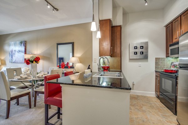Modern kitchen with stainless steel appliances at Jackson Hill Apartments