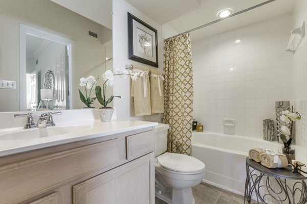 Elegant bathroom with marble countertops and modern fixtures at Las Palmas Apartments