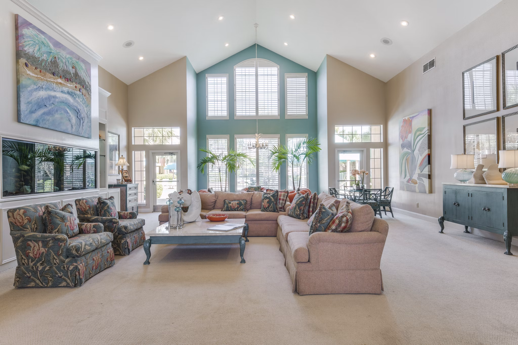 Elegant clubhouse with modern furnishings at Las Palmas Apartments, offering luxury community spaces for residents