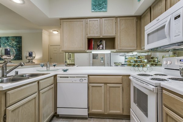 Modern kitchen featuring stainless steel appliances and granite countertops at Las Palmas Apartments