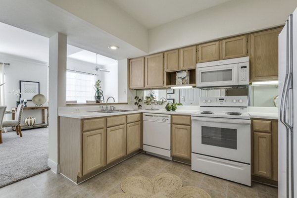 Sleek kitchen with modern appliances in Las Palmas Apartments luxury rental living spaces