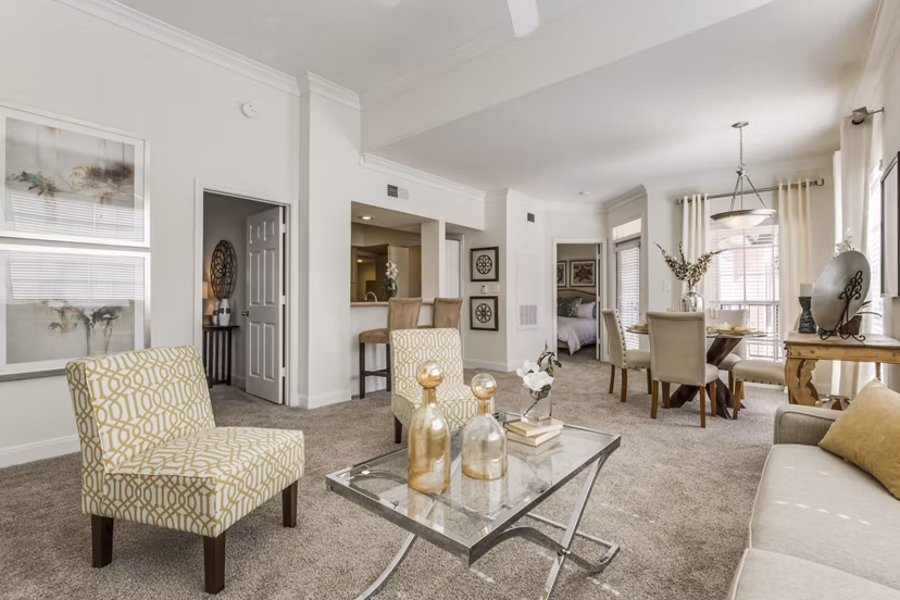 Luxurious living room with modern decor at Las Palmas Apartments