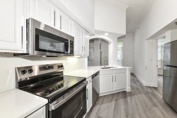 Contemporary kitchen with stainless steel appliances at Phipps Place Apartments
