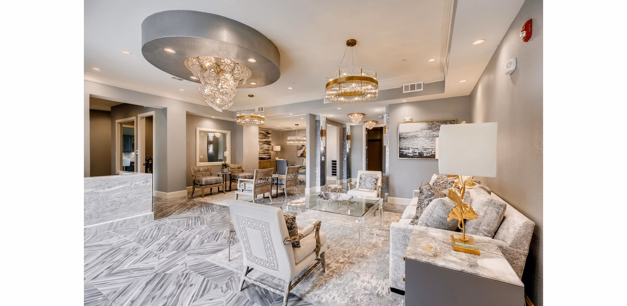 Elegant clubhouse with wood accents at The Caroline Apartments offering luxury spaces for social gatherings and events