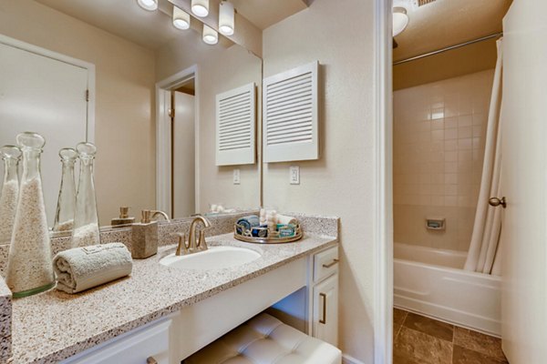 Bathroom with sleek modern fixtures at The Creole on Yorktown Apartments