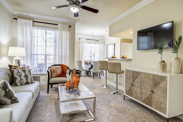 Living room featuring stylish decor and ample natural light at The Park at Armand Bayou Apartments