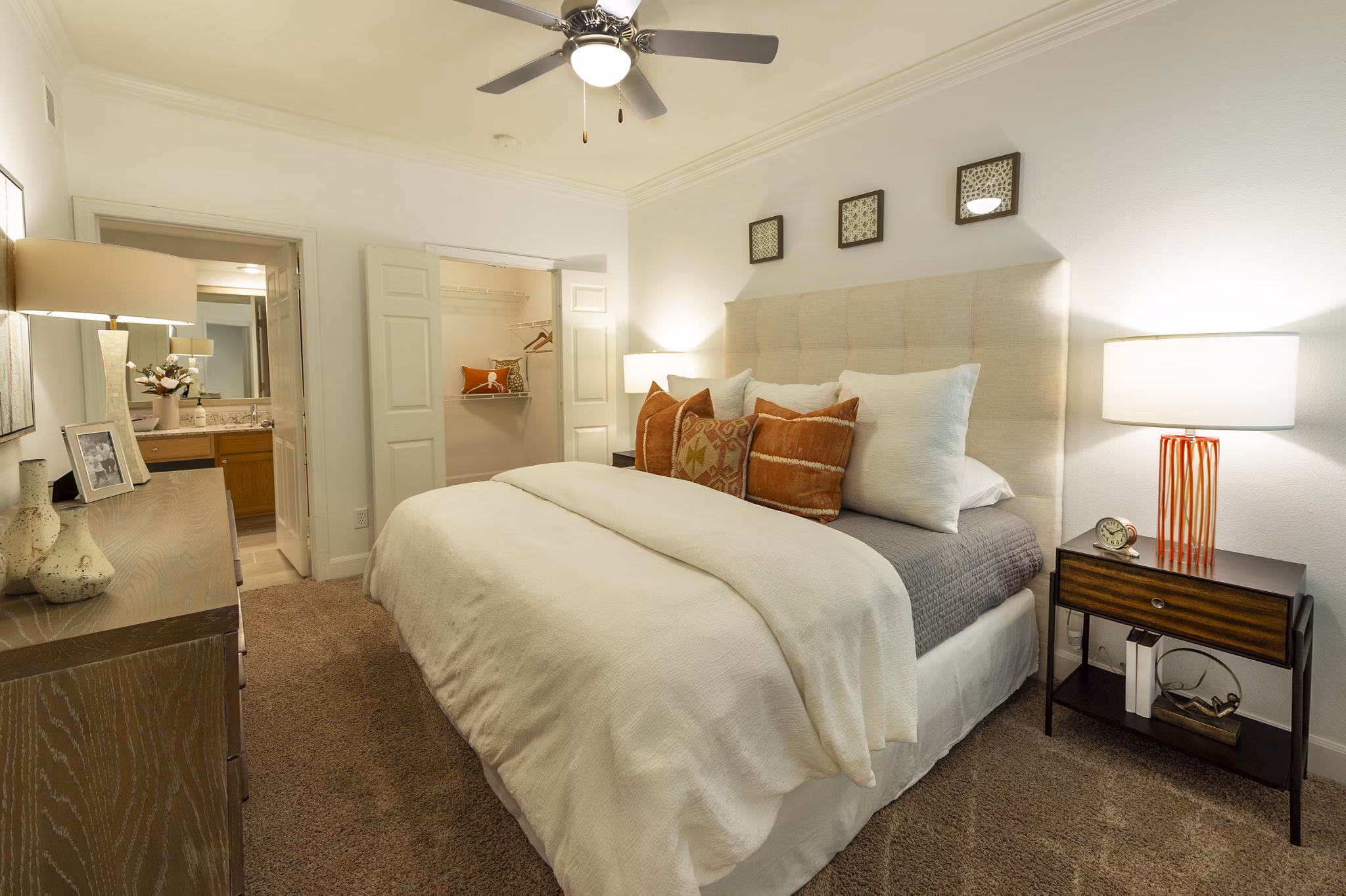 Cozy bedroom with modern decor at The Park on Memorial Apartments
