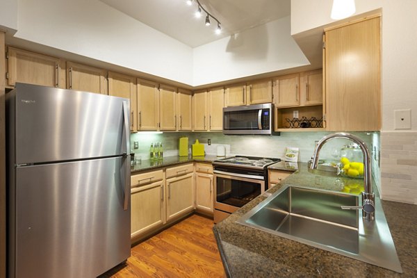 Modern kitchen with stainless steel appliances and granite countertops at The Park on Memorial Apartments