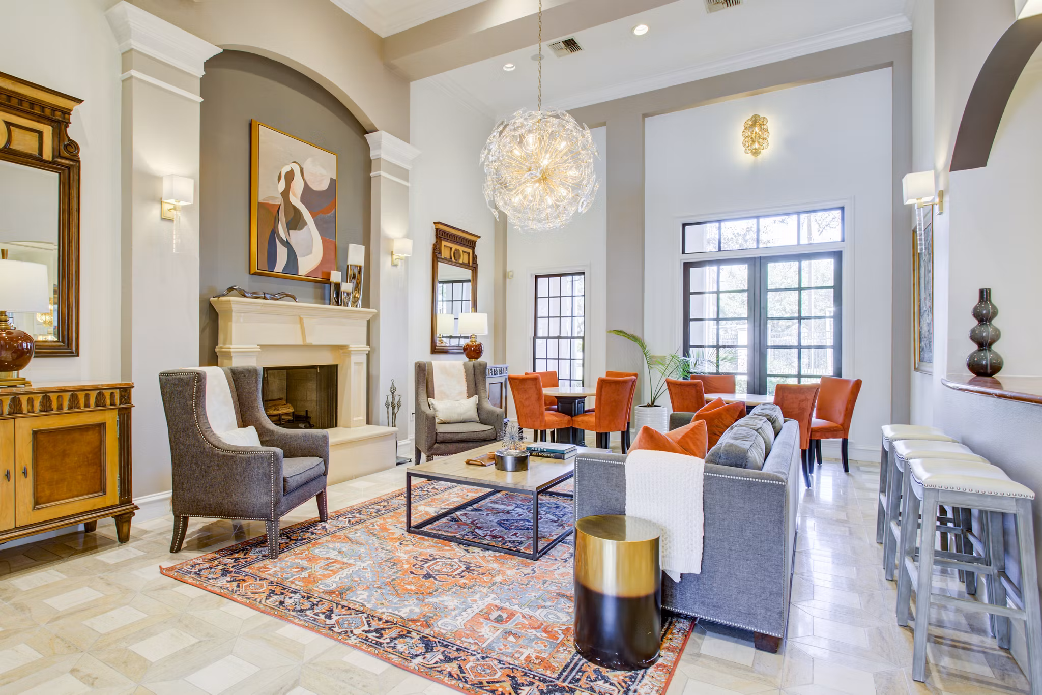Clubhouse featuring modern design and comfortable seating at Park at River Oaks Apartments