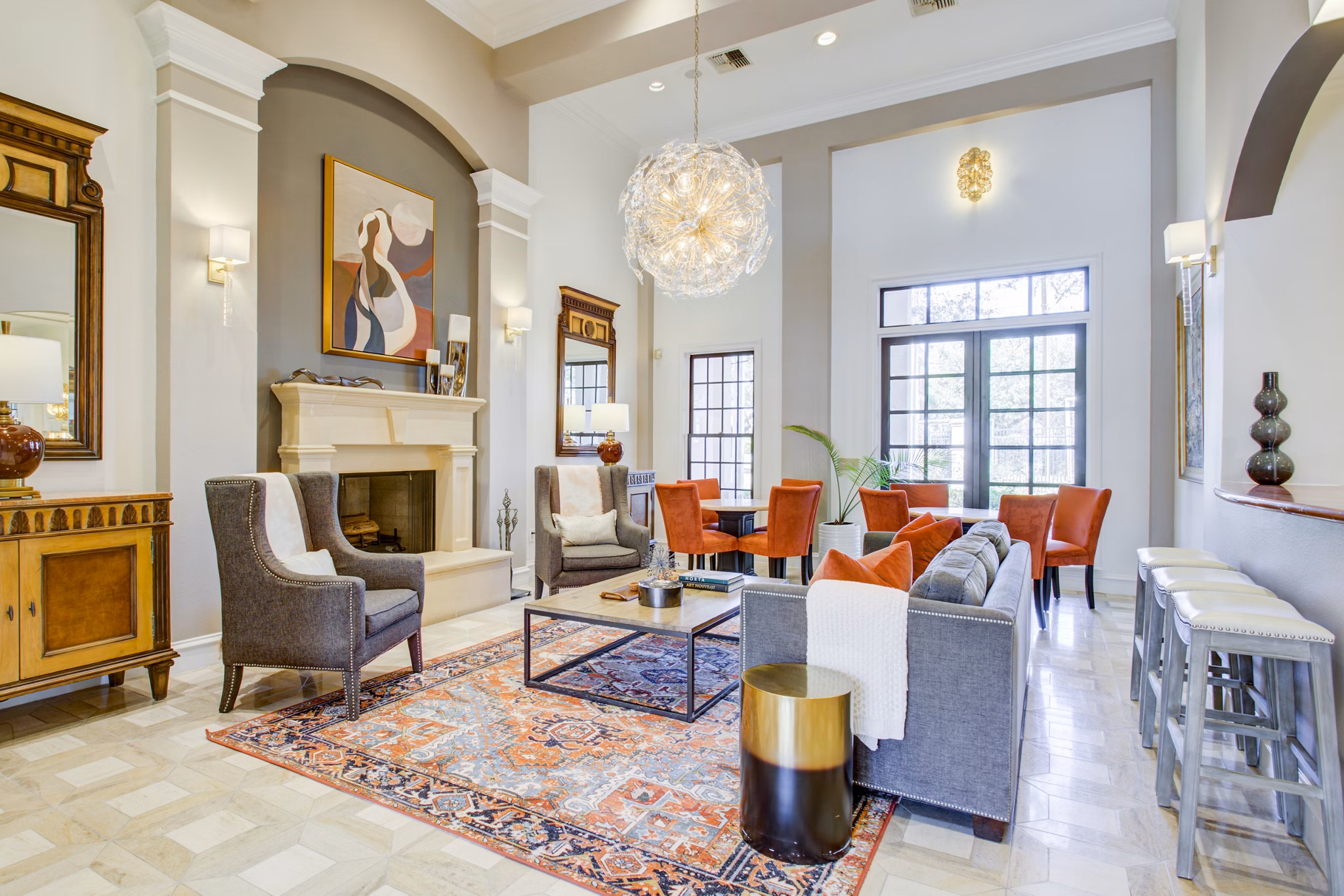 Clubhouse featuring modern design and comfortable seating at Park at River Oaks Apartments