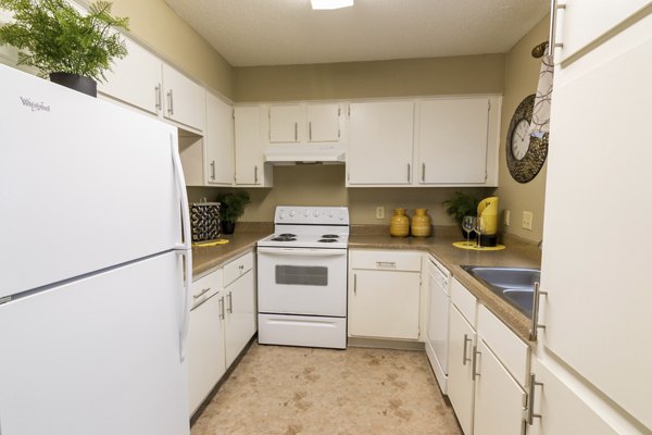 Modern kitchen featuring granite countertops and stainless steel appliances at The Pines of Woodforest Apartments