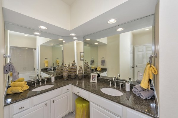 Luxurious bathroom with modern fixtures at Renaissance at Preston Hollow Apartments, showcasing Greystar's attention to detail