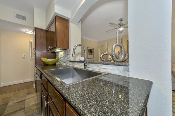Modern kitchen with stainless steel appliances at Renaissance at Preston Hollow Apartments