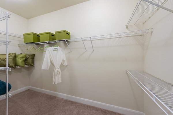 Walk-in closet with ample storage space in a bedroom at The Village at West University Apartments