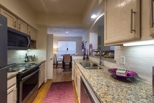 Modern kitchen with sleek stainless steel appliances at The Village at West University Apartments