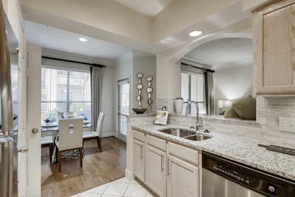 Modern kitchen with stainless steel appliances at The Village at West University Apartments