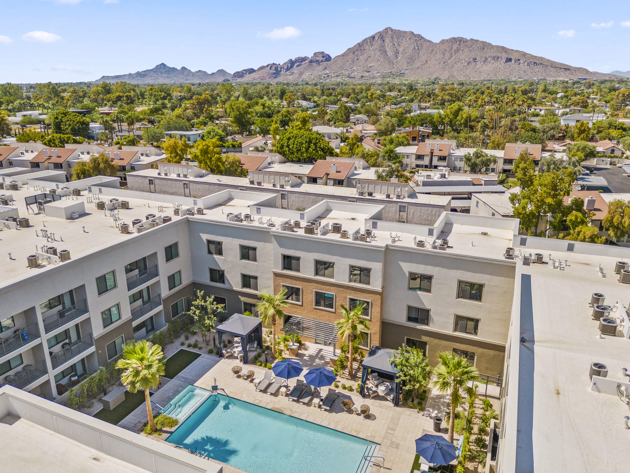 Inviting outdoor pool surrounded by loungers at Overture Arcadia Apartments, offering relaxation in a serene environment