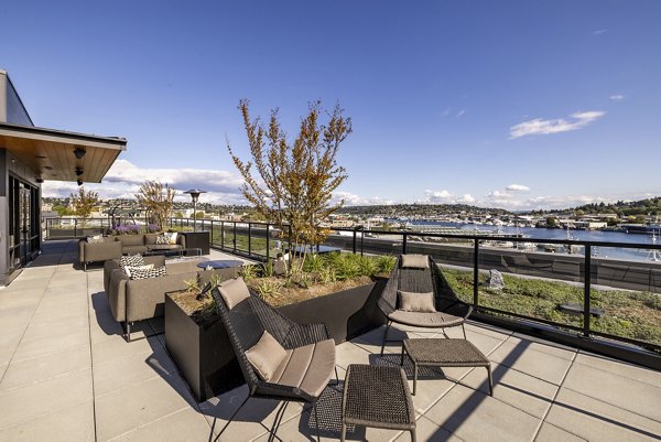 Rooftop deck offering city views at Ballard Yards Apartments