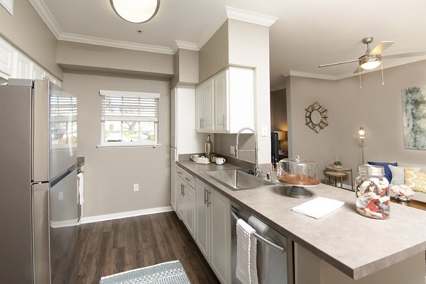 Modern kitchen with stainless steel appliances and granite countertops at Park Crossing Apartments