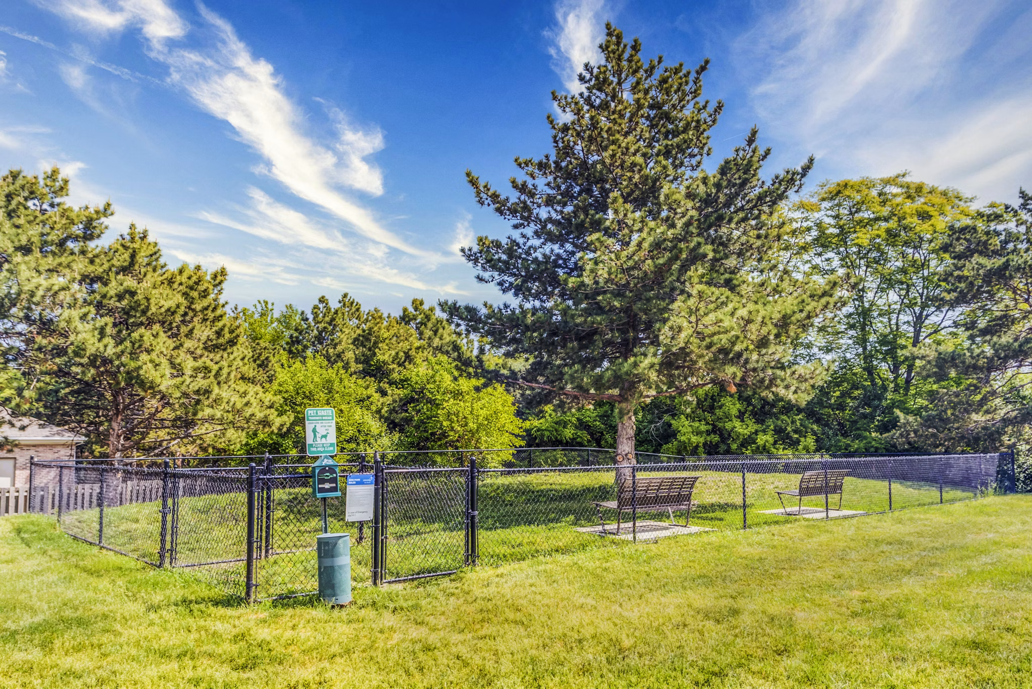 Shaded dog park with grassy play areas at Orion Elk Grove Apartments, ideal for pet owners seeking luxury living in a vibrant community