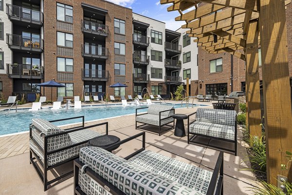 Pool with modern lounge chairs at The Easley Apartments, a Greystar luxury community