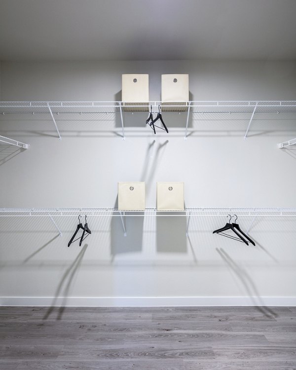 Bedroom closet featuring ample storage space at Prose Hardy Yards Apartments
